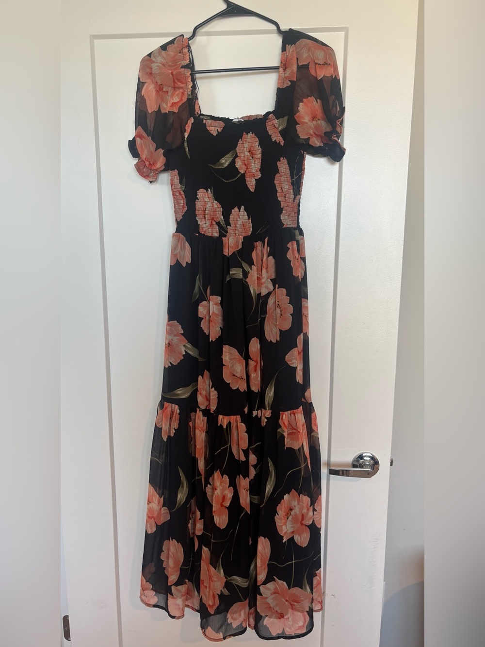 Patrons of Peace Black Maxi Dress with Peach Floral Print